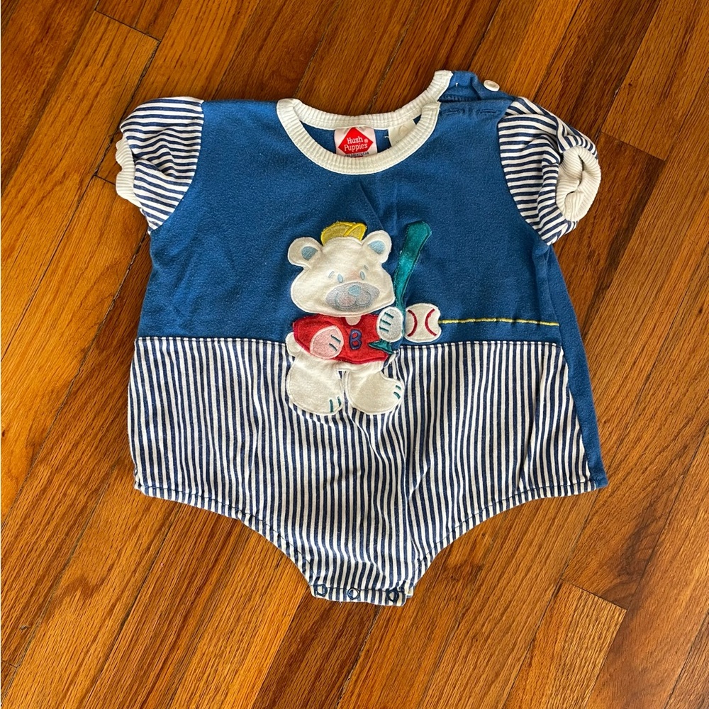 Vintage Hush Puppies Blue Romper with Baseball Bear Design